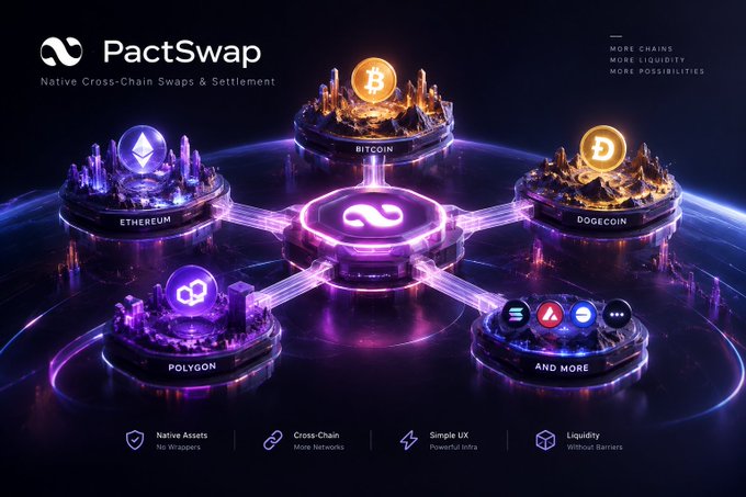A promotional graphic for 'PactSwap' highlights 'Native Cross-Chain Swaps & Settlement', featuring interconnected floating platforms representing Bitcoin, Ethereum, Dogecoin, and Polygon.