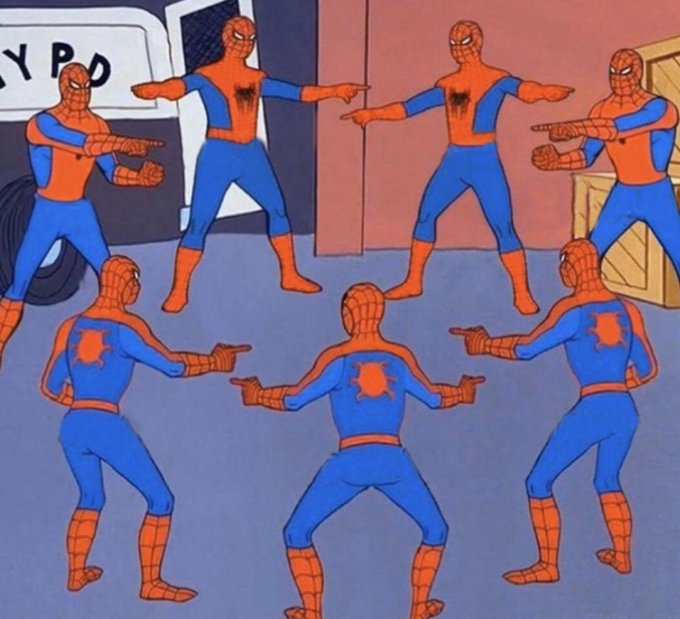 A cartoon scene showing multiple Spider-Man characters in classic red and blue costumes all pointing at each other in a circle.