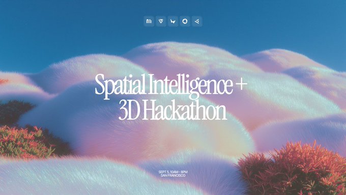 An event promotional graphic with stylized cloud imagery and text reading 'Spatial Intelligence + 3D Hackathon', scheduled for September 5 from 10AM-8PM in San Francisco.