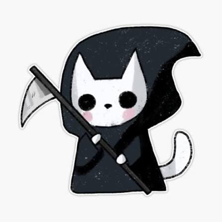 A cute cartoon sticker of a white cat dressed as the Grim Reaper in a black hooded cloak, holding a scythe.