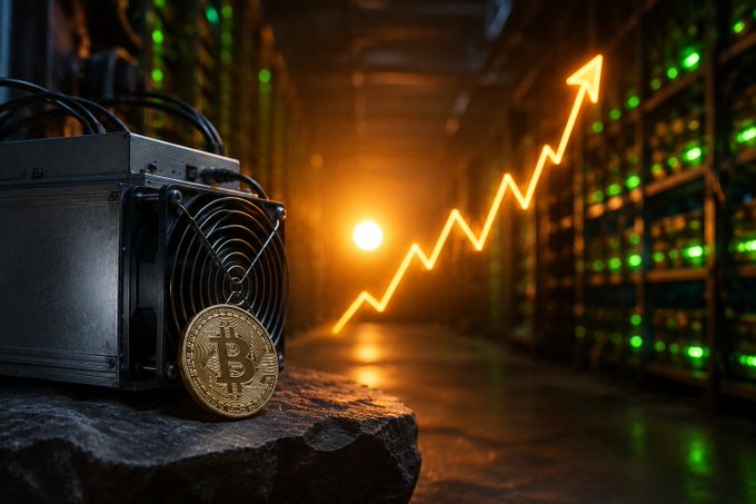 A Bitcoin sits on a rock next to a piece of mining equipment, with an orange upward-trending graph line glowing in the background of a server room.