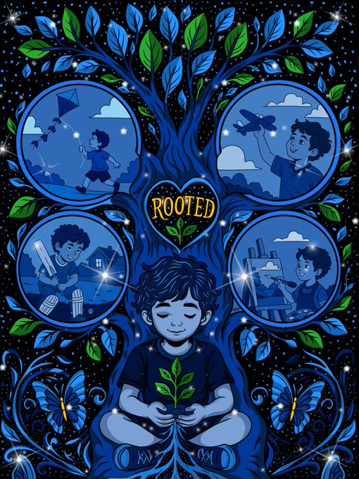 A stylized blue-toned illustration titled 'ROOTED' depicts a child meditating at the base of a tree, surrounded by four circular vignettes showing scenes of flying a kite, playing with a toy plane, playing cricket, and painting.