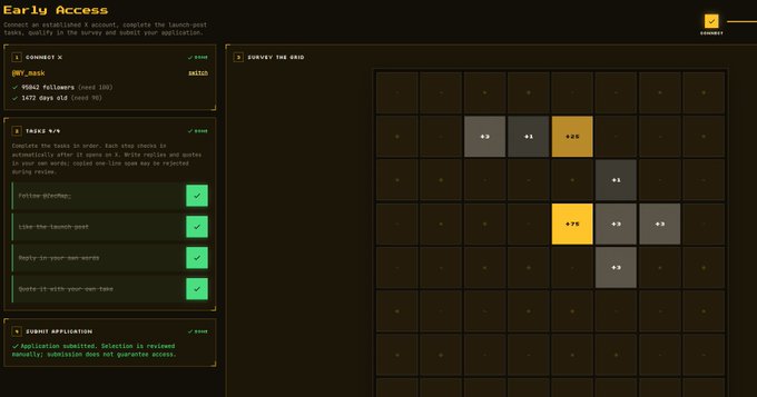 The image displays a ZecMap "Early Access" dashboard with a completed X-connect task showing 9,562 followers and 1,472 dies old, alongside a "Survey the Grid" Minesweeper-style puzzle revealing tiles with values like "+25," "+75," and various dots. This appears to be a whitelist application page for the ZecMap project, where users complete tasks, navigate a grid-based survey, and submit an application to gain early access.
