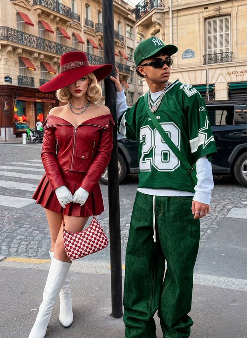 Two stylish people posing on a Parisian street: a blonde woman in a red 'Jos Vespèr' wide-brim hat, red leather outfit, and white boots, alongside a man in a green NY cap, sunglasses, green jersey #28, and green corduroy pants.