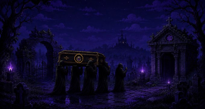 A dark pixel-art graveyard scene shows hooded figures carrying a coffin marked with "100" beneath a crescent moon emblem, while a distant gothic castle looms in the background. The mournful funeral imagery aligns with the post's theme of Mooncer's burial and rebirth ritual, with the "100" symbolizing the onchain resurrection tied to $MANCER.