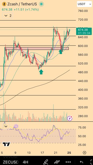 xtrader.usdt chart on a phone screen, displaying a red and green line graph with a purple trendline and a pink bar chart.