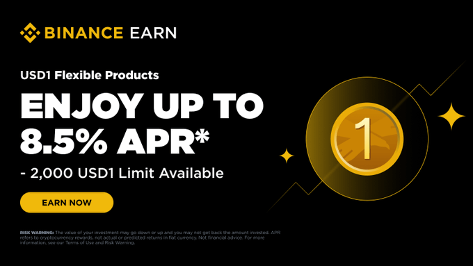 A Binance Earn advertisement promoting USD1 Flexible Products with up to 8.5% APR and a 2,000 USD1 subscription limit, featuring a gold coin graphic with the number "1" alongside the "EARN NOW" call-to-action button.