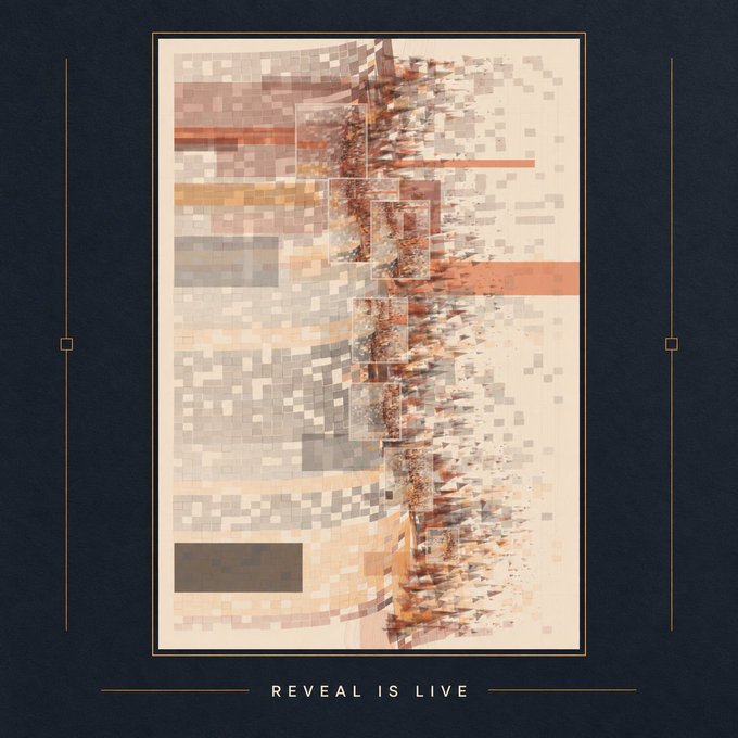 The image displays a pixelated, abstract artwork featuring earthy tones of brown, orange, and beige arranged in blocky patterns with a distinctive textured vertical strip down the center. The text "REVEAL IS LIVE" appears at the bottom, promoting the "Imprint" collectibles' rarity reveal event mentioned in the post.