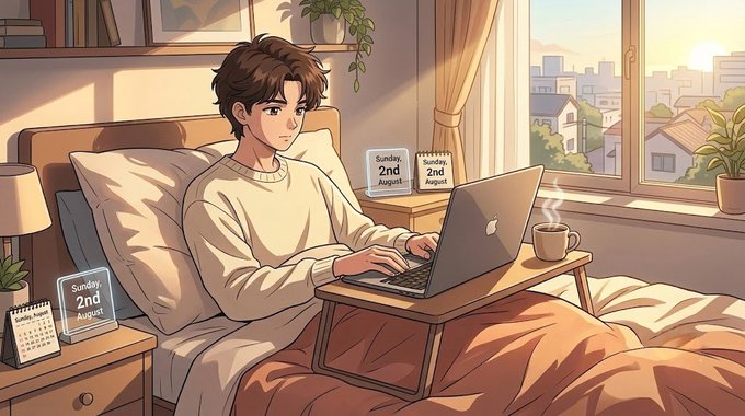 An anime-style illustration shows a young man in a cream sweater sitting up in bed working on a laptop, with calendars displaying "Sunday, 2nd August" on his bedside table.