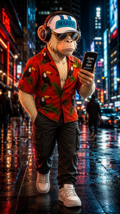 An AI-generated image of an anthropomorphic monkey wearing a 'MARINE' cap, sunglasses, headphones, and a red Hawaiian shirt, holding a phone displaying 'Apes On Ape' on a neon-lit city street.