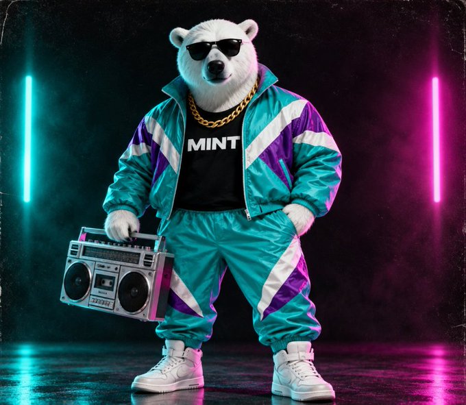 An AI-generated polar bear wearing sunglasses, a gold chain, and a teal and purple tracksuit with a black shirt reading "MINT," holding a boombox against a neon-lit background.