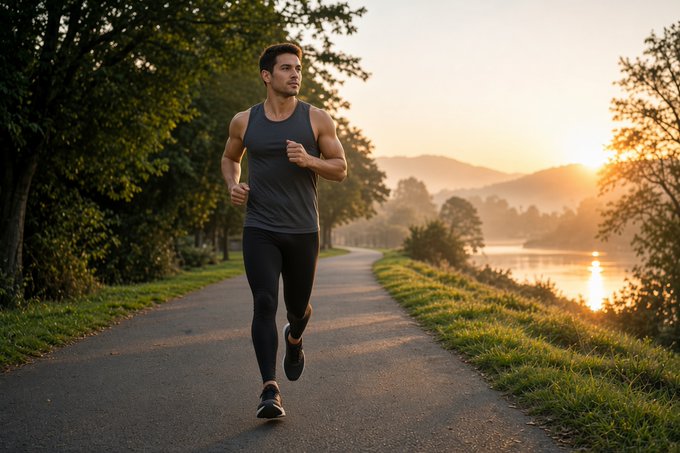 A man jogs along a serene lakeside path at sunrise, embodying the spirit of a fresh start. The image visually reinforces the post's message of pushing forward toward a breakthrough and a blessed new week.