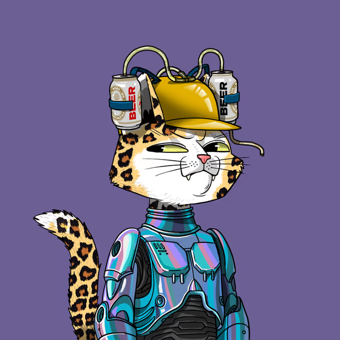 A digital artwork of an anthropomorphic cat character with leopard-print fur, wearing a yellow hard hat with two cans attached by tubes, and a shiny blue futuristic armor suit.