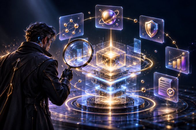 A digital artwork depicting a person in a dark coat examining floating holographic screens with a magnifying glass.