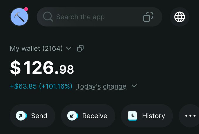 A cryptocurrency wallet app screenshot showing a balance of $126.98 in 'My wallet (2164)', with today's change of +$63.85 (+101.16%) and buttons for Send, Receive, and History.