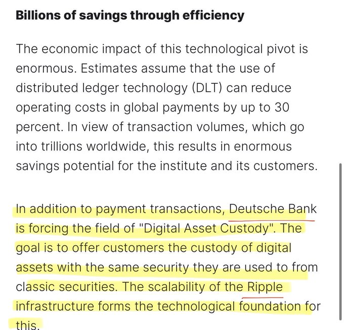 The image shows an article excerpt titled "Billions of savings through efficiency," highlighting that Deutsche Bank is expanding into "Digital Asset Custody" with Ripple's scalable infrastructure as the technological foundation, enabling DLT-driven cost reductions of up to 30% in global payments while providing crypto custody services with the same security as traditional securities.