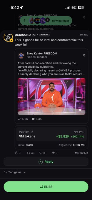 This screenshot shows a tweet from Enes Kanter Freedom declaring himself a WNBA prospect, with a user's comment predicting it will be viral and controversial, along with a trading position for "ENES" with a significant profit.