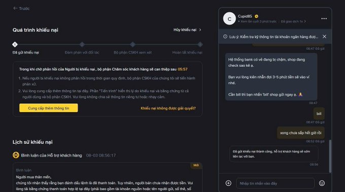 A Vietnamese-language customer complaint interface titled 'Quá trình khiếu nại' (Complaint process) showing dispute resolution steps and a chat conversation with customer support on the right side.