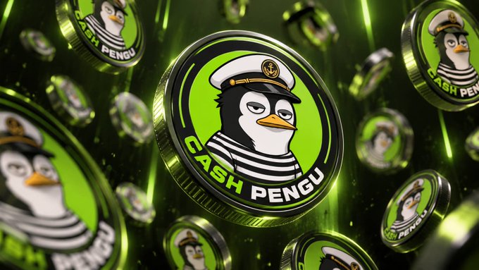 Multiple gold and green coins featuring a penguin wearing a striped shirt and a captain's hat with 'CASH PENGU' written on them.