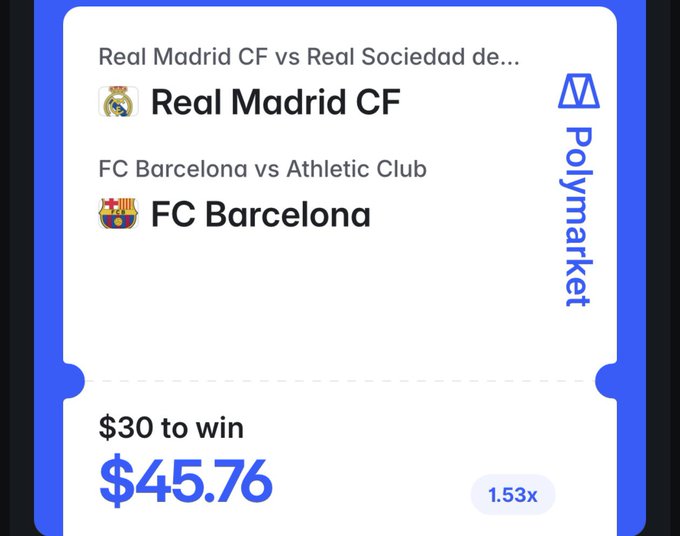 Polymarket betting slip showing picks for Real Madrid CF and FC Barcelona in La Liga matches, with $30 to win $45.76 at 1.53x odds.