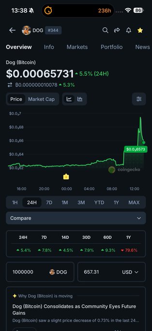 The image shows a CoinGecko app displaying the Dog (Bitcoin) ($DOG) cryptocurrency page with a current price of $0.00065731, up 5.5% in 24 hours, alongside a 24-hour price chart showing a notable upward spike to $0.6573.

The screenshot aligns with the post's details about $DOG's price action, illustrating the recent upward movement and current valuation as referenced in the analysis of DOG pushing from the lower part of the daily range.