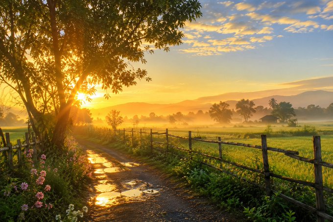 A scenic landscape photograph of a countryside path at sunrise or sunset, with sun rays filtering through trees, a wooden fence, and misty fields.