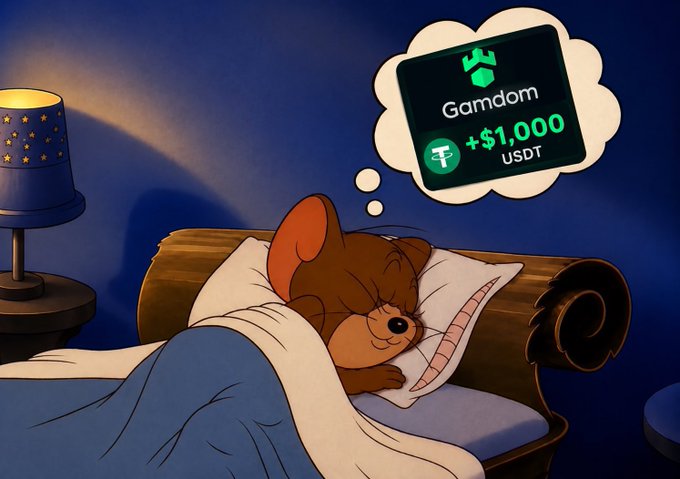 Tom from "Tom and Jerry" sleeps soundly in his bed beneath a glowing starry nightlamp, dreaming of a "$1,000 USDT" reward on Gamdom. The cartoon scene visually reinforces the post's promotion to drop a Gamdom username and use the codes "STEVE" or "YUNGREAL."