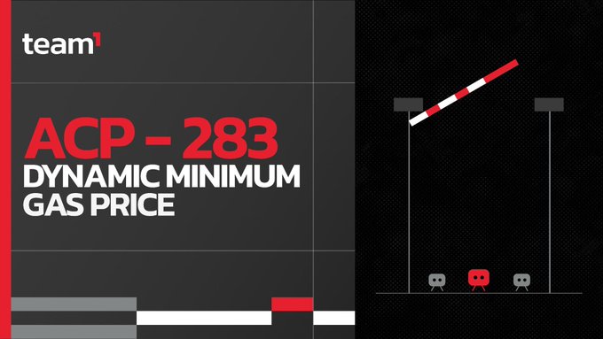 A presentation slide titled 'ACP-283 DYNAMIC MINIMUM GAS PRICE' from 'team1' featuring an illustration of a red and white barrier gate with small robot figures underneath.