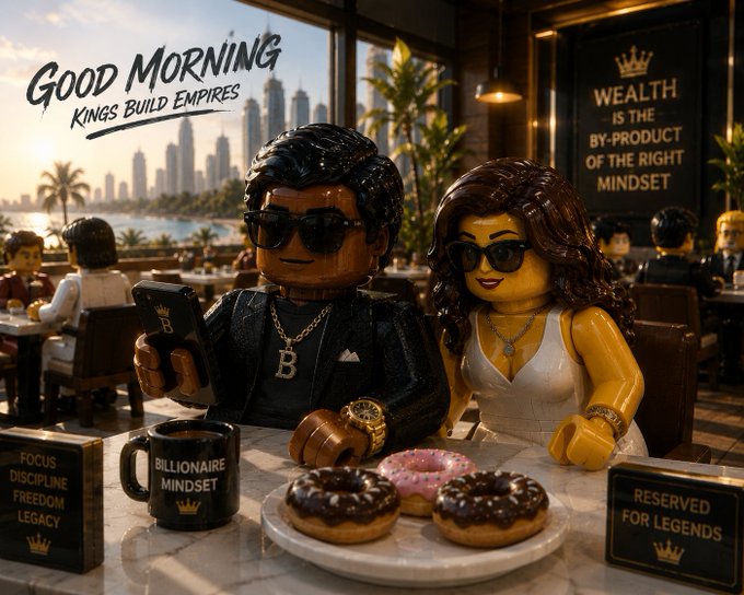 The image features a Lego man and woman sitting at a table with donuts and coffee cups. The Lego couple appears to be enjoying their breakfast together while wearing sunglasses. In the background, there are other people present but they are not the main focus of the scene. The text "Good morning" is visible in the image, suggesting that it was taken during the early hours of the day when the sun is rising or setting.