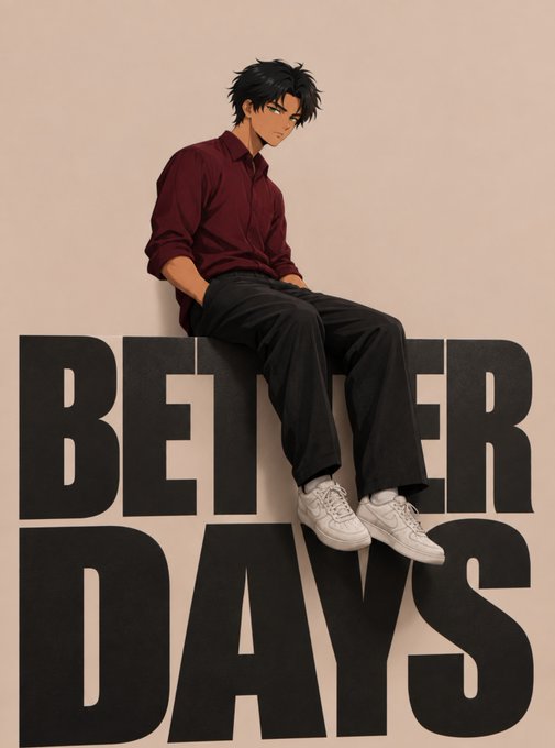An anime-style illustration of a young man with messy black hair, green eyes, wearing a maroon button-up shirt and black pants, sitting on large 3D letters spelling 'BETTER DAYS' against a beige background.
