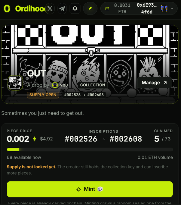 The image shows an NFT collection page on Ordihood for the "OUT" collection, featuring a black-and-white pixel art storefront displaying five quirky character designs, with a piece price of 0.002 ETH (~$4.92) for inscriptions #002526 to #002608, showing 5 of 73 claimed, 68 available, and a "Mint" button for users to purchase random sealed on-chain pieces.