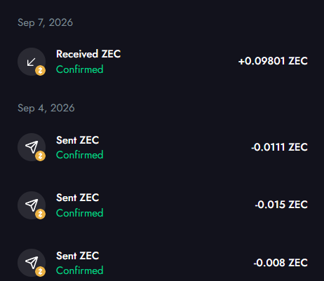 A dark-themed cryptocurrency transaction history shows a received ZEC transfer of +0.09801 ZEC confirmed on Sep 7, 2026, along with three sent ZEC transactions (-0.0111, -0.015, and -0.008 ZEC) confirmed on Sep 4, 2026, reflecting the user's activity of selling ZEC on the @zec_bit platform and subsequently receiving the proceeds as mentioned in the post.