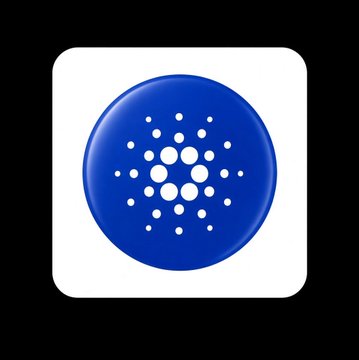 A blue Cardano (ADA) cryptocurrency logo, featuring a circle of dots, displayed on a white rounded square against a black background.