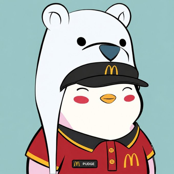 A cartoon mascot combines a polar bear head wearing a McDonald's visor with a chick character in a red McDonald's uniform. The character has a name tag reading "PUDGE" and features the iconic golden arches M logo.