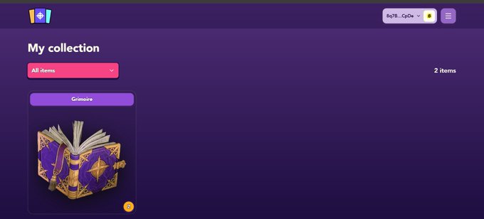 A digital collection interface titled 'My collection' showing a single 'Grimoire' item as a purple and gold magical book, with a user profile labeled 'Rp78...CpCw' in the top corner.