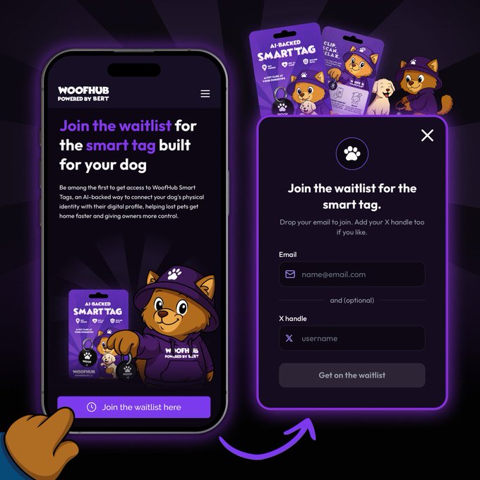 A promotional mockup showcases the "WoofHub Powered by Bert" mobile app and product packaging for an AI-backed "Smart Tag" for dogs, featuring an orange cartoon dog mascot in purple attire. The design invites users to "Join the waitlist for the smart tag built for your dog," aligning with the post's emphasis on $BERT as a utility coin delivering real-world solutions through AI-powered platforms and physical products.