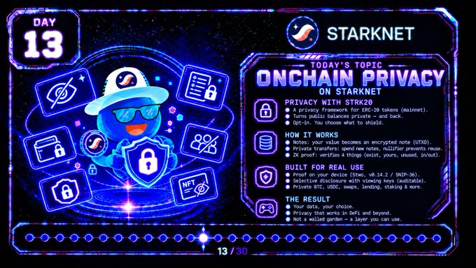 A Day 13 educational graphic about "ONCHAIN PRIVACY ON STARKNET" featuring a blue cartoon mascot in a cap and sunglasses holding a shield, alongside details on "PRIVACY WITH STRK20," "HOW IT WORKS," "BUILT FOR REAL USE," and "THE RESULT."