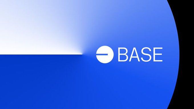 A blue gradient background featuring the white "BASE" logo with its signature icon, accompanied by a subtle light flare on the left side.