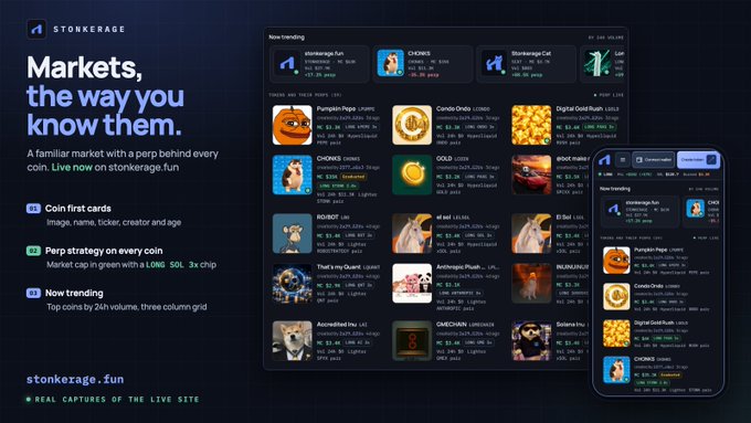 A promotional screenshot for 'stonkerage.fun' showing a crypto/NFT marketplace interface with coin listings, tagged as 'REAL CAPTURES OF THE LIVE SITE'.