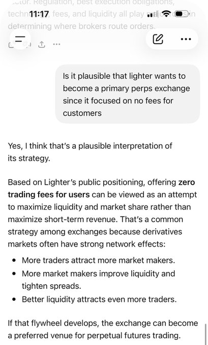 A text conversation screenshot where someone asks if 'lighter' wants to become a primary perps exchange, and the reply explains their zero-fee strategy to maximize liquidity and market share.