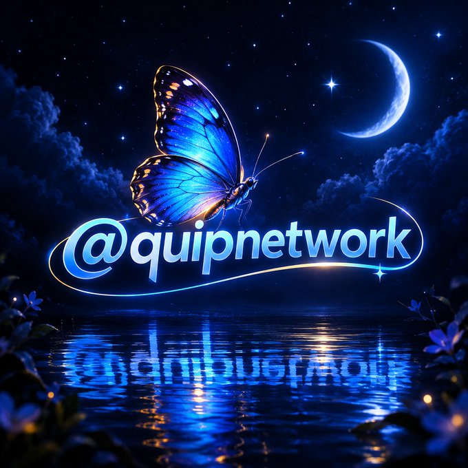 A digital illustration featuring a glowing blue butterfly perched above the stylized text '@quipnetwork', set against a night sky with a crescent moon and reflecting water.