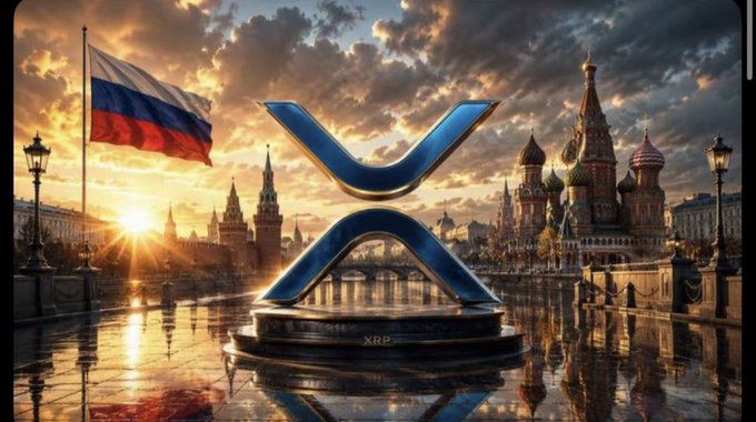 A digital rendering features a large metallic 'X' sculpture labeled 'XRP' on a pedestal, with the Russian flag waving in the background against a sunset view of Moscow's Red Square and St. Basil's Cathedral.