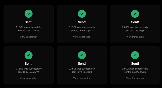 The image shows a grid of six transaction confirmation cards, each displaying a green checkmark with "Sent!" and noting that 0.1 SOL was successfully transferred to different wallet addresses (DN81...SwJZ, A69w...UyM2, CTRj...mgEz, c34B...wQV4, yYTp...TbCB, 8aMA...mJsn), with "View transaction" links below each. This appears to serve as visual "proof" to promote the accompanying post's supposed 0.1 SOL giveaway to 200 people, though the transactions are only 0.1 SOL rather than the 0.2-10 SOL range requested, suggesting it may be a low-effort scam designed to lure participants into sending larger amounts.