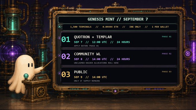 A steampunk-style infographic for a 'GENESIS MINT // SEPTEMBER 7' detailing phases: 01 Quotron + Templar, 02 Community WL, and 03 Public, featuring a small ghost-like character.