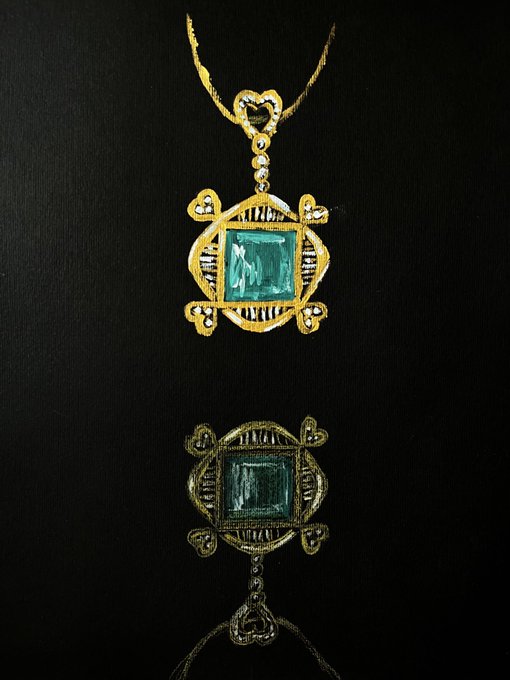 The image features a painting of an emerald necklace with two pieces, one gold and one green. The painting is displayed against a black background, which highlights the colors of the necklace. The text "Good Morning Emerald Necklace 1/1" is present in the image as well.