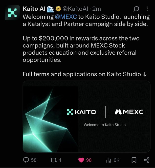 A tweet from Kaito AI (@KaitoAI) welcoming @MEXC to Kaito Studio, announcing a Katalyst and Partner campaign offering up to $200,000 in rewards focused on MEXC Stock products and referral opportunities.