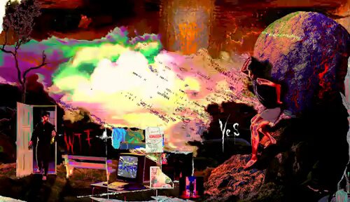 !!!IMAGE!!! of man standing near a large rock, has a green & orange color palette with white clouds in the sky and black background. The post is about an artist called 'zjf_keef' who made this artwork for someone else named @sjf_keef to buy.