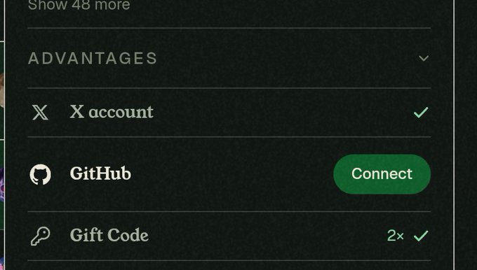 An Advantages menu interface showing connected options including 'X account' (checked), GitHub (Connect button), and Gift Code (2x checked).