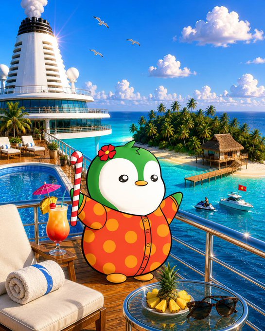 A cartoon green penguin in a polka-dot outfit holding a candy cane stands on a cruise ship deck with a tropical island background, tropical drink, and pineapple.