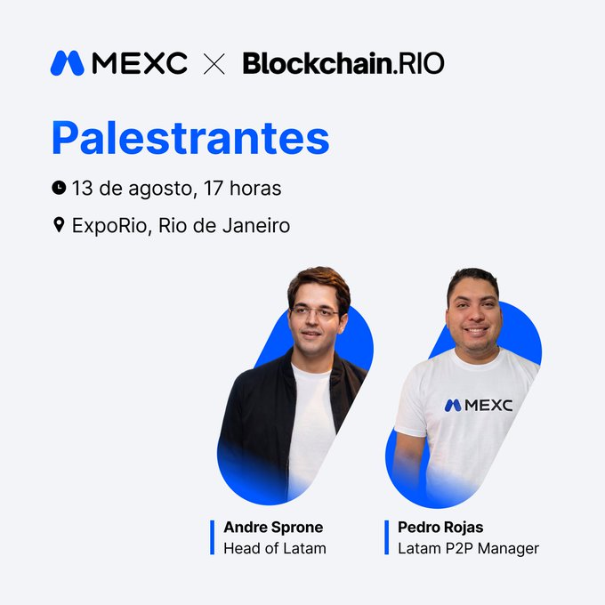 A promotional graphic for a 'MEXC x Blockchain.RIO' event featuring speakers Andre Sprone (Head of Latam) and Pedro Rojas (Latam P2P Manager), scheduled for August 13 at 17 hours at ExpoRio, Rio de Janeiro.